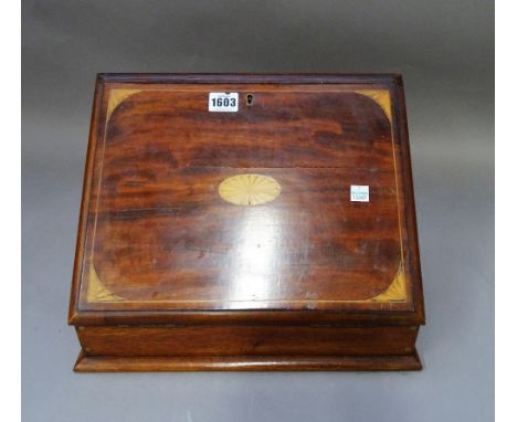 An Edwardian inlaid mahogany slope fronted stationery box, 36cm wide x 25cm high, together with a George IV burr yew tea cadd