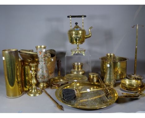 Brassware, including; a coal scuttle, fire tools, trays jugs, vases, kettle and sundry, (qty). 