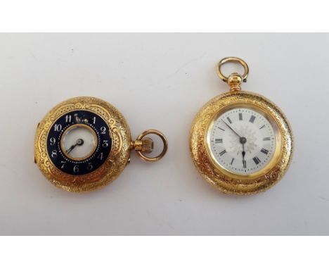 A gold cased lady's key wind, openfaced fob watch, with a gilt, jewelled cylinder movement, gilt metal inner case, the enamel