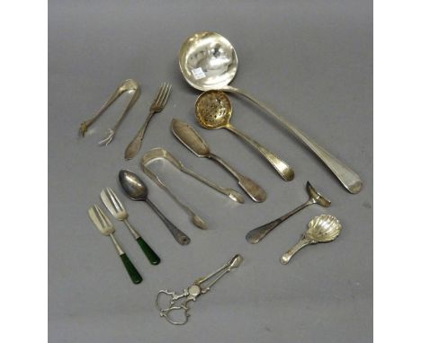 Silver table flatware, comprising; a George III single struck, thread edged, pattern soup ladle, London 1795, Two pairs of su