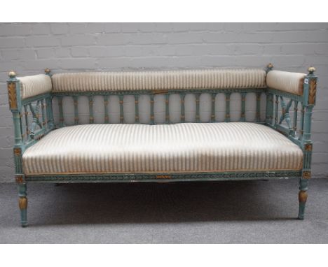 An early 19th century style Continental parcel gilt blue painted salon suite, comprising; a square back sofa, 157cm wide x 84