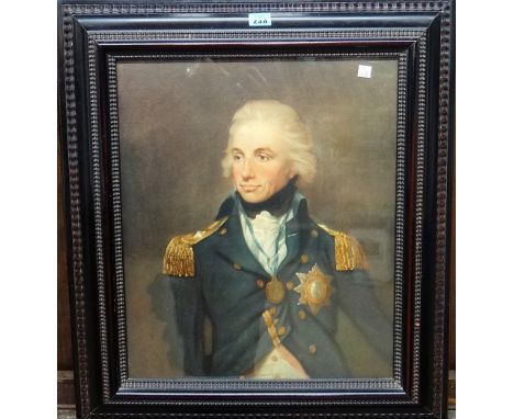 After Lemuel Francis Abbott; Portrait of Admiral Lord Nelson, colour print, 48cm x 40cm.; together with a hand coloured engra