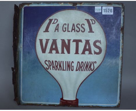 'VANTAS SPARKLING DRINKS' a vintage, double sided enamel sign by Bruton, London. (a.f.) 30.5cm x 30cm.