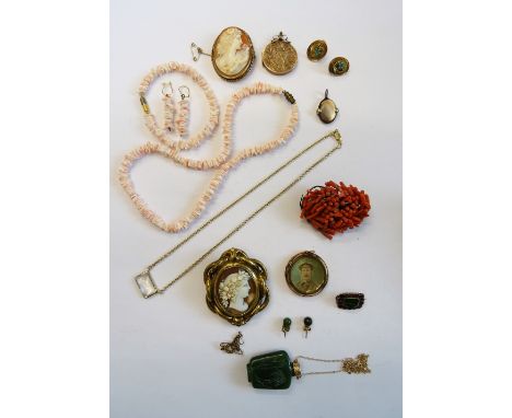 A gold mounted oval shell cameo brooch, carved as the portrait of a lady, a pair of turquoise set earrings, each designed as 