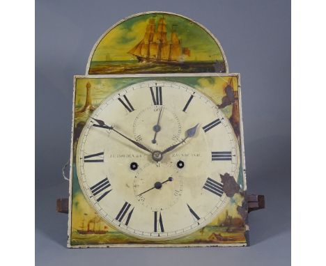 A 19th century longcase clock with 8 day movement, the dial with two subsidiary dials, painted with ships J.Howden &amp; Co E