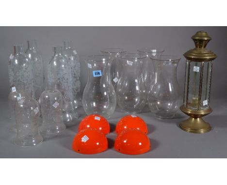Lighting, comprising; mainly glass shades, four with etched designs stamped, Baccarat, and others, a brass and glass lantern 