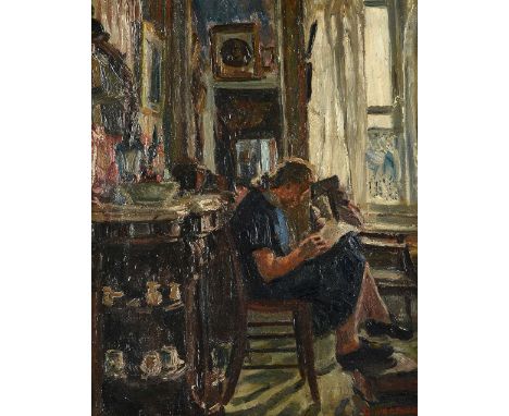 G. Hooper (20th century), At Aunt Lydia's House, oil on canvas, signed, inscribed on stretcher, with a male portrait verso, 5