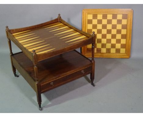 A 19th century mahogany two tier games table, with inlaid beech and elm playing board,  55cm wide x 53cm high. 