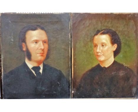 English School (late 19th century), Portrait of a lady; Portrait of a gentleman, a pair, oil on canvas, both unframed, 45cm x