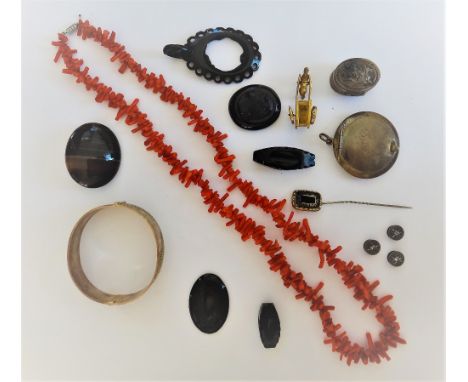 A set of three rose diamond set single stone dress studs, a branch coral necklace, a silver oval hinged bangle, with floral e