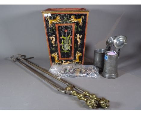 Collectables, including; a painted wooden bin decorated with Indian animals, a small quantity of lead figures, coins, poker c
