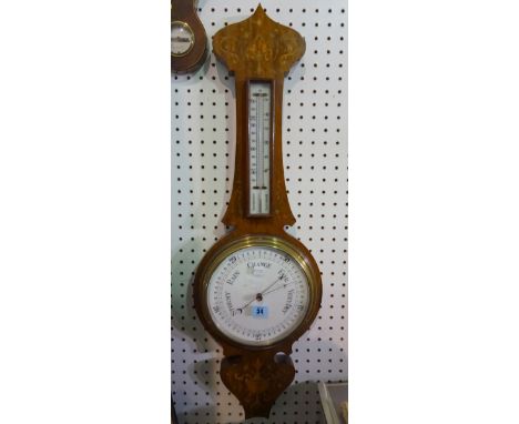 A Victorian mahogany 8" wheel barometer, with foliate inlay, applied thermometer and enamel dial, 86cm high. 