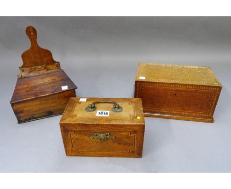 A George III inlaid mahogany and fruitwood rectangular tea caddy, with triple canister interior, 20cm wide x 12cm high, a Vic