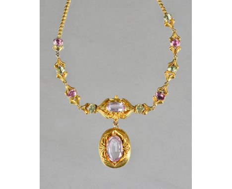 A Victorian gold, pink topaz and gemstone set pendant, with a necklace, mounted with the principal oval cut pink topaz to the