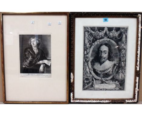 A group of seven prints and engravings of portraits and figurative subjects, including an engraving of King Charles I and ano