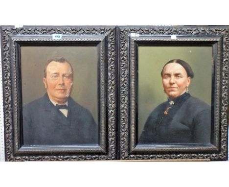 Auguste Despret? (late 19th century), Portrait of a lady; Portrait of a gentlemn, a pair, oil over a photographic base, each 