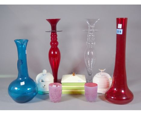 Ceramics and glass including; three 20th century ceramic honey pots of beehive form and a group of decorative glasses, (qty).