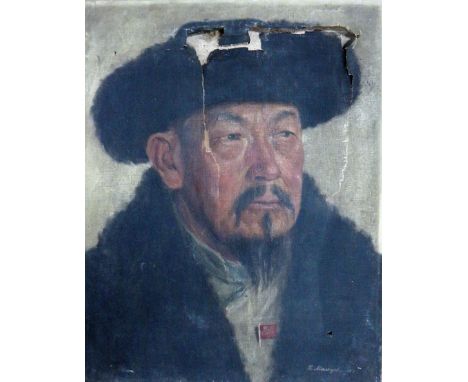 Russian School, (20th century), Portrait of a Mongolian man, oil on canvas, unframed, indistinctly signed and dated 42, 50cm 