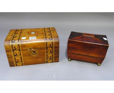A Victorian Tunbridge Ware inlaid walnut domed top box, 25cm wide x 14cm high, together with a Regency mahogany sarcophagus t