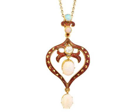 An early 20th century enamel opal and diamond pendant by Mrs Newman, of openwork design, the oval opal cabochon and old cut d