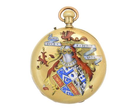 A late 19th century 18ct gold enamel hunter pocket watch, the 18ct gold case bearing vari shade enamel decoration, one side a