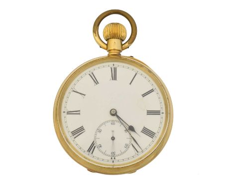 An 18ct gold open face pocket watch, the circular enamel dial with Roman numeral hour markers, outer minutes track and subsid