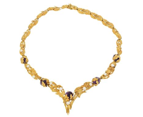 A 1960s 18ct gold amethyst and cultured pearl necklace by Grossé, the polished amethyst crystal line with cultured pearl acce