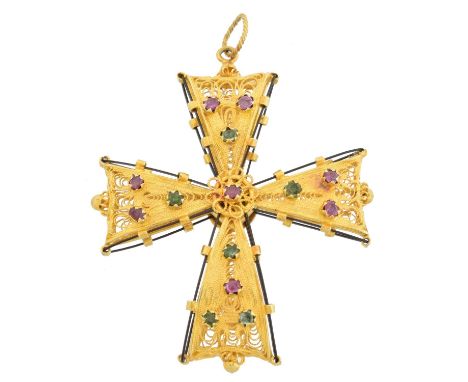 A cross pendant, the wirework cross with vari shape ruby and coated green gem detailing and elephant hair border, length 5.5c