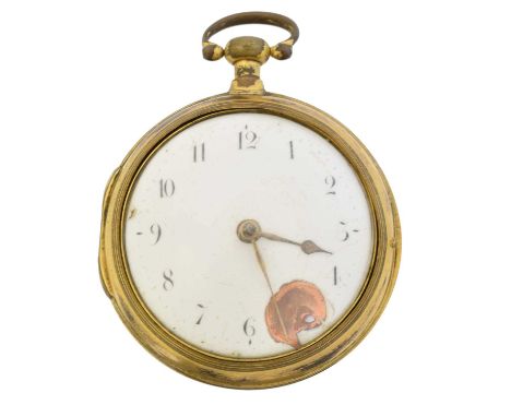 A Georgian gold plated pair cased pocket watch by Levi Emanuel of Canterbury, the white enamel dial with black Arabic numeral