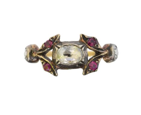 A diamond and ruby dress ring, the foil back rose cut diamond with circular shape ruby foliate sides, circular rose cut diamo