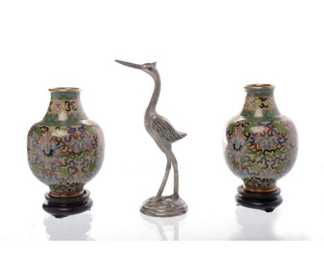 PAIR OF MID 20TH CENTURY CHINESE ENAMEL VASES 10.5cm high; along with a Japanese white metal crane (3) 