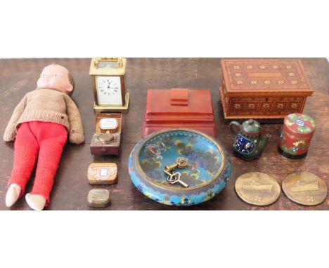 Sundry lot including pill boxes, vintage doll, inkwell, R.M.S Queen Mary plaques, cloisonne, wooden box, carriage clock etc

