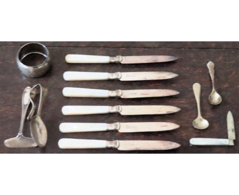 Set of six Silver banded knives, plus small parcel of silver items including drinks funnel, flatware, push and scoop, cruet i