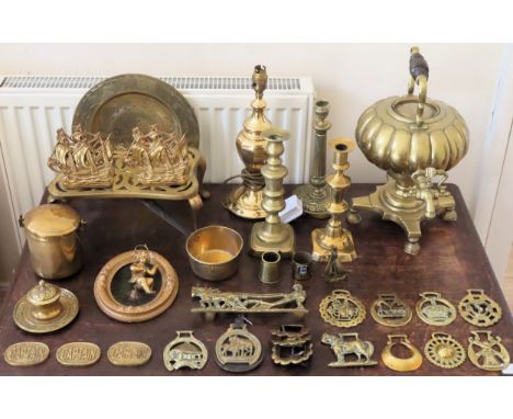Quantity of brass including trivet, inkwell, tray, pan, candlesticks etc

All in used condition, unchecked 