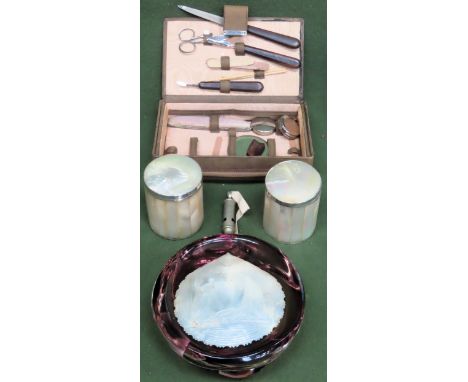 Sundry lot including vintage 1941 Ministry of Defence whistle, religious Mother of Pearl plaque, storage tins etc

All in use