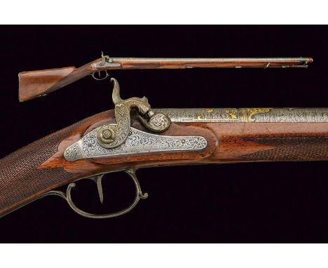 A percussion hunting gun with fantastic ottoman barrel, dating: Mid 19th Century, provenance: Bolzano, dating: Mid 19th Centu