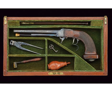 A cased percussion underhammer pistol, dating: Mid 19th Century, provenance: Bordeaux, dating: Mid 19th Century, provenance: 