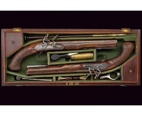 A fine pair of cased flintlock pistols by Watell Clark, dating: circa 1800, provenance: London, dating: circa 1800, provenanc