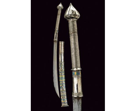 A silver mounted and enameled dha, dating: circa 1900, provenance: Thailand, dating: circa 1900, provenance: Thailand, Curbed