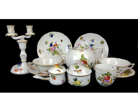 A group of Herend porcelain tea and dinner wares, Bouquet de Fruits pattern, numbered 510/BFR comprises teapot and cover, two