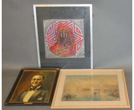 A 1970 mixed media on board, merged image of Christ and horned beast on circular geometric pattern within a textured border, 