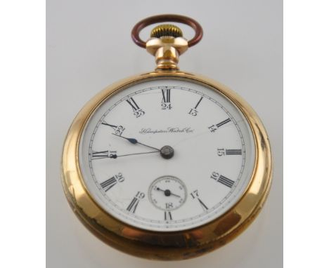 An early 20th Century gold plated open faced keyless wind pocket watch, the white enamel dial with subsidiary seconds, marked