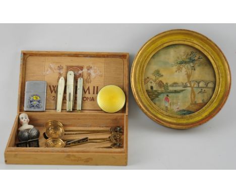 A George V enamel silver compact, two early 19th Century silver and mother of pearl fruit knives, a U.S issue Zippo lighter, 