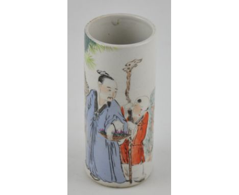 A Chinese tall ceramic brushpot painted with a figural scene, H12.5