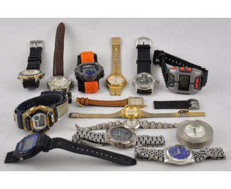 Fourteen analogue and digital wristwatches and one similar travel alarm clock, all requiring battery