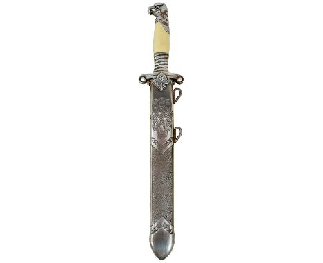 26cm fullered clipped back blade by NOKER, regulation plated hilt with eagle pommel, white celluloid grip, in its stippled st