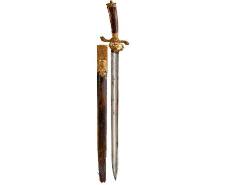 45.75cm fullered blade decorated with a small panel of scrolling foliage to either side of the forte and with partial maker's