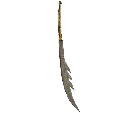 73.5cm curved flame form blade, characteristic brass hilt embossed with geometric designs, scrolling foliage interspersed wit