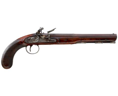 10.25inch sighted two-stage barrel, border engraved stepped and bolted signed lock, decorated with a stand of arms at the tai