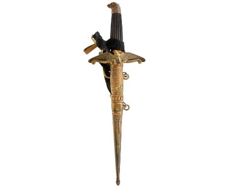 21.5cm flattened diamond section blade, regulation brass hilt with reeded wooden grip, in its embossed brass scabbard decorat